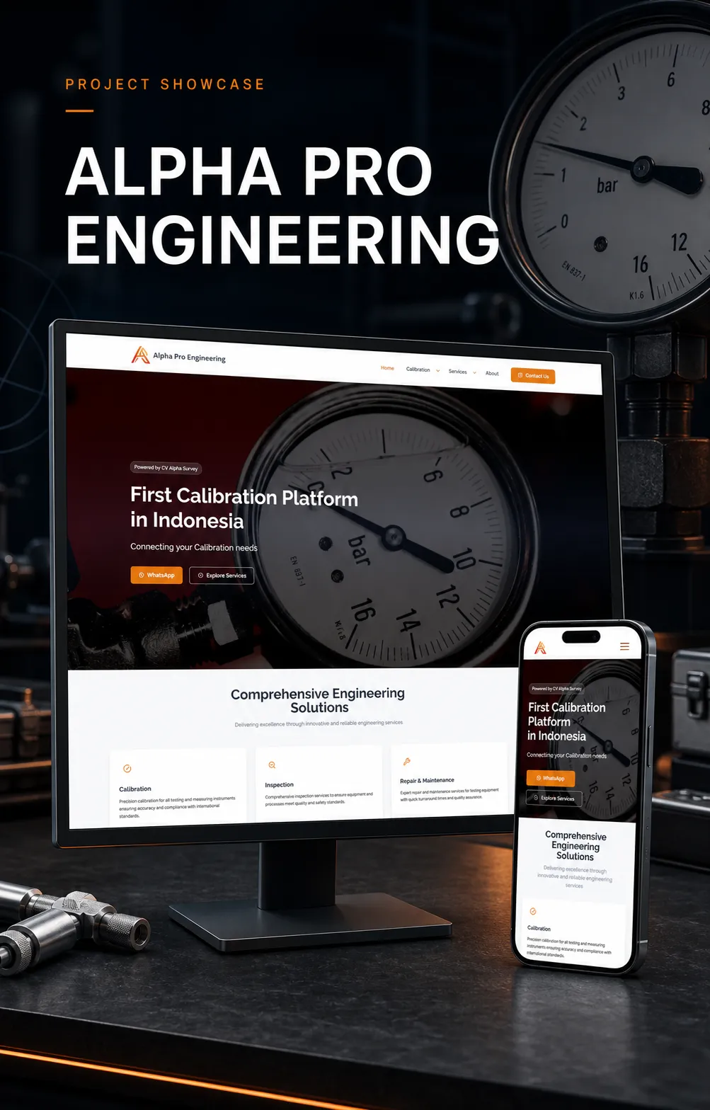 Alpha Pro Engineering website shown on desktop and mobile in an engineering studio