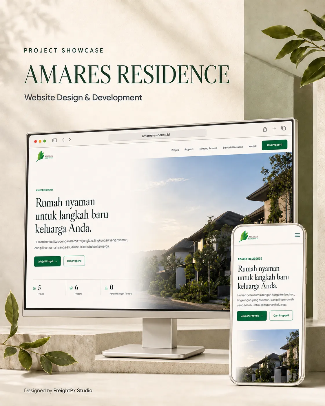 Amares Residence website displayed on desktop and mobile in a warm residential setting