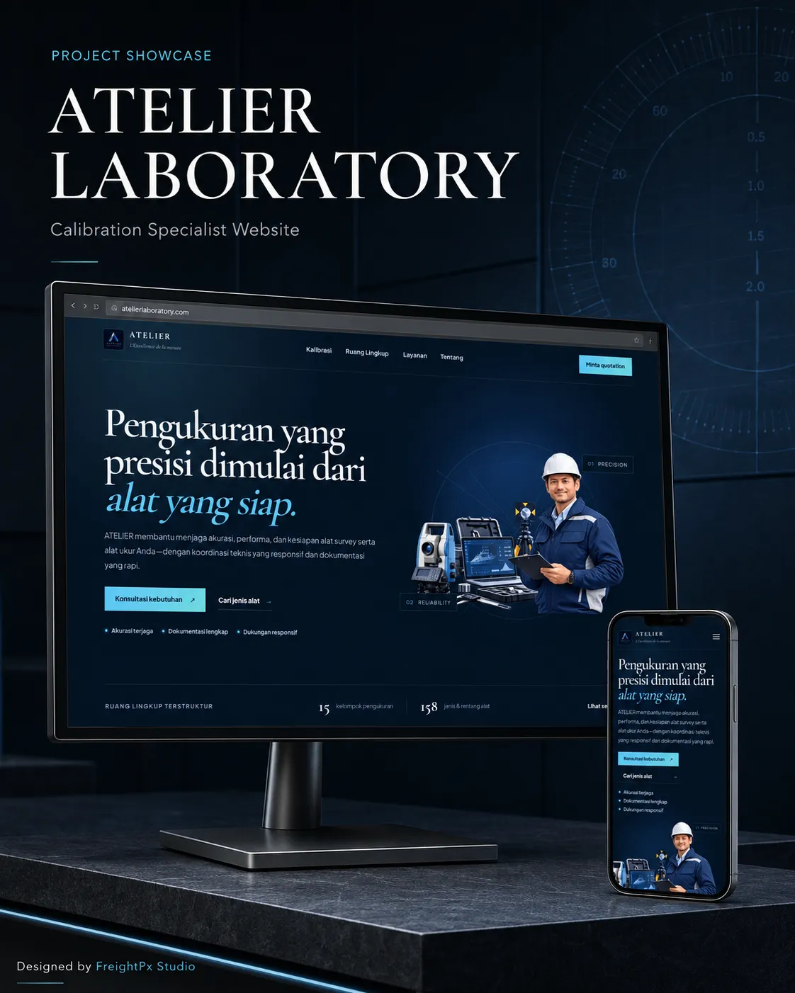 Atelier Laboratory calibration website displayed on desktop and mobile in a technical studio