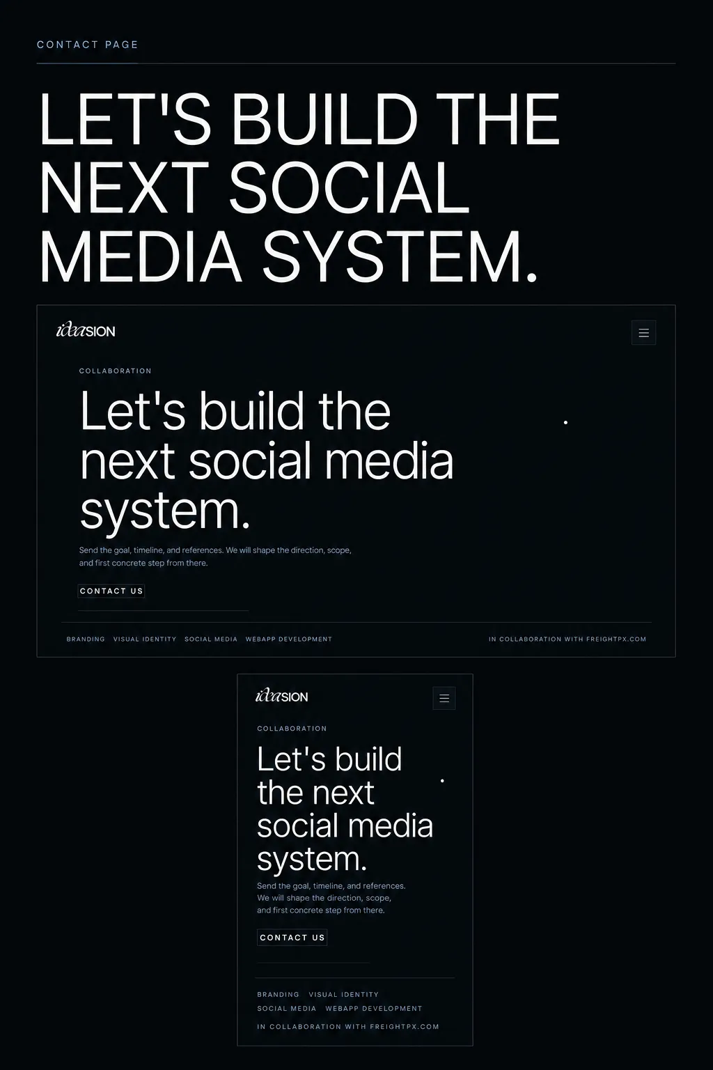 ideasion contact-page presentation with oversized editorial typography and responsive layout
