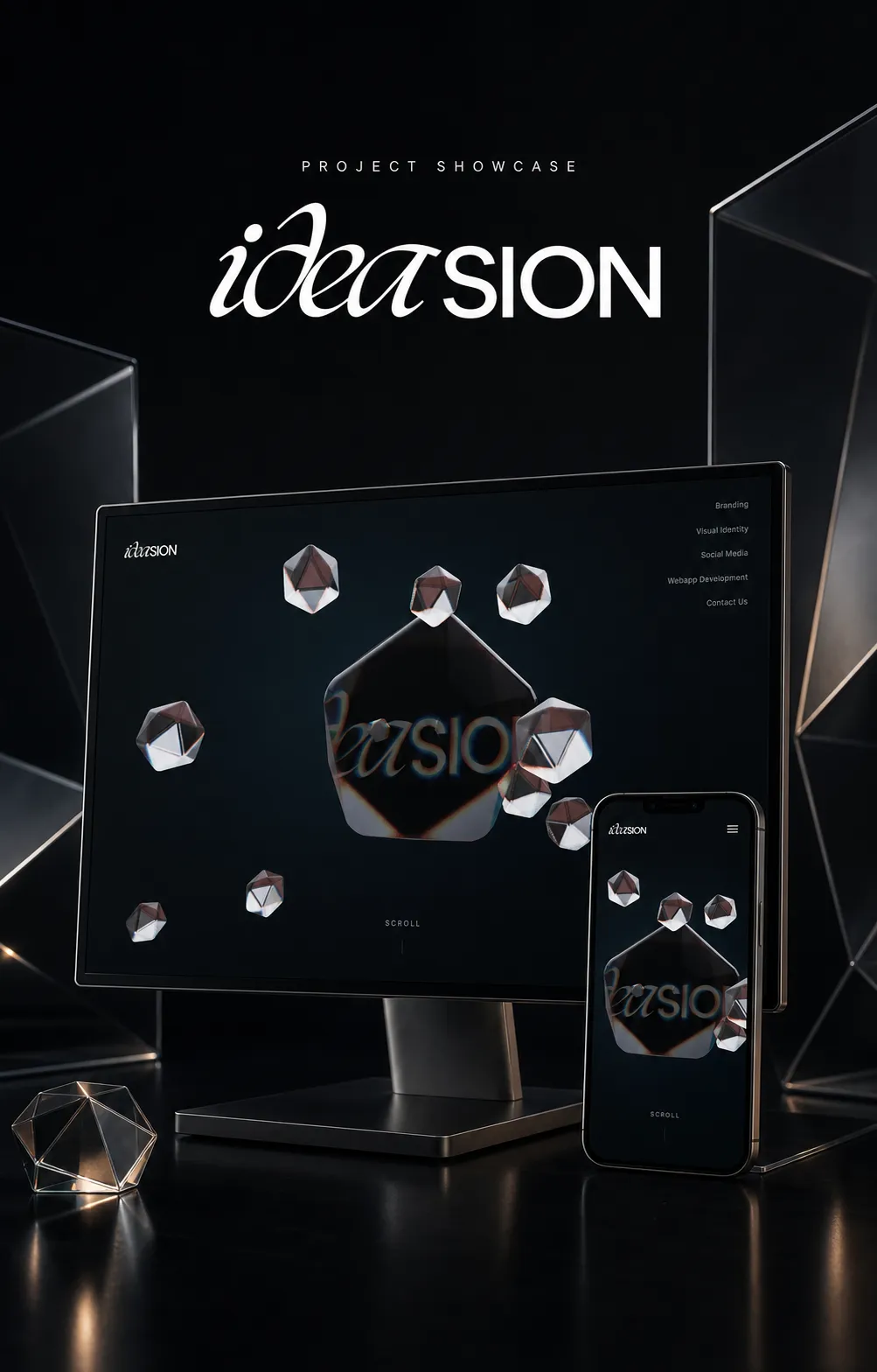 ideasion creative studio website shown on desktop and mobile among reflective geometric forms
