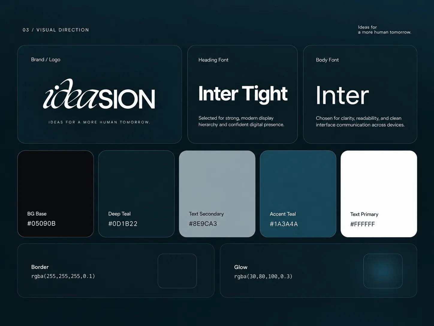 ideasion visual identity with typography, color palette, and interface direction