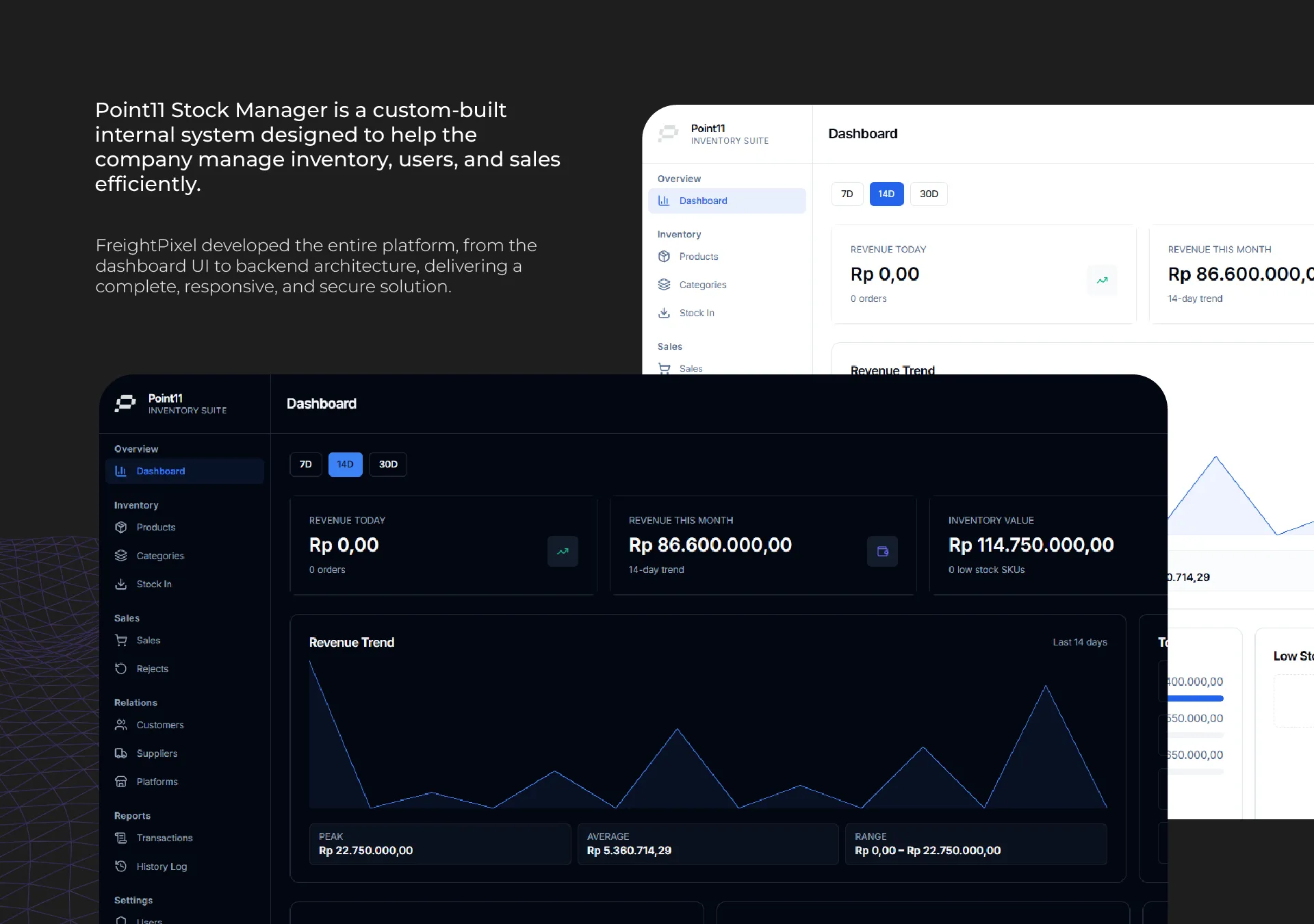 Point11 Inventory interface overview with light and dark dashboard views