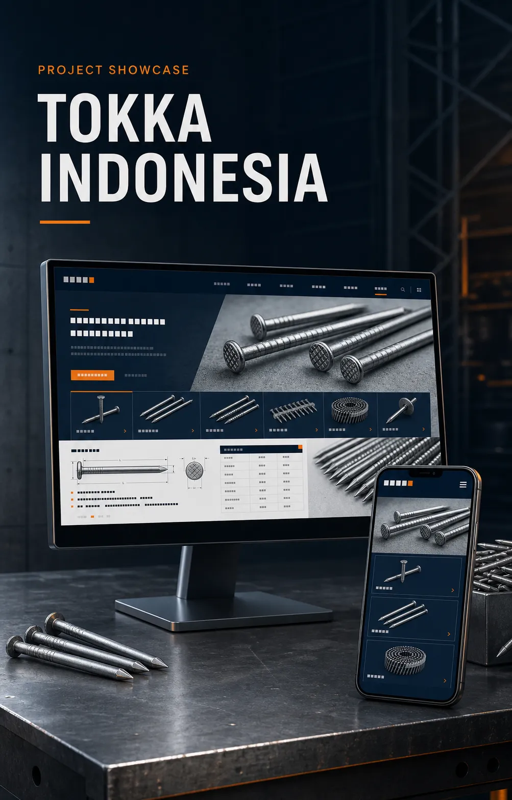 Tokka Indonesia construction fastener catalog shown on desktop and mobile in an industrial studio